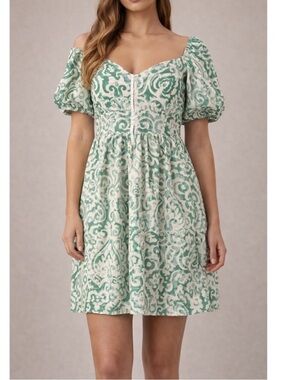 House of Harlow 1960 Green Cream Printed Puff-Sleeve Linen Blend Dress Large